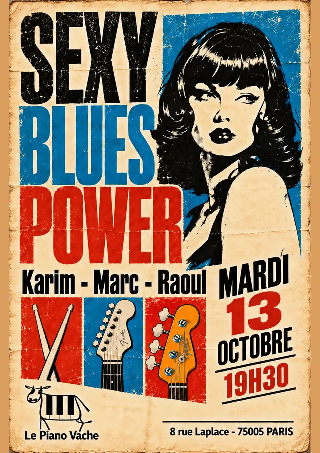 Affiche du concert : Sexy Blues Power, mardi 13 octobre à partir de 19h30, au Piano Vache, 8 rue Laplace, Paris 5e.