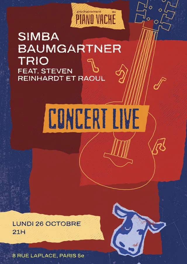Affiche du concert : Simba Baumgartner Trio, lundi 26 octobre à partir de 21h, au Piano Vache, 8 rue Laplace, Paris 5e.