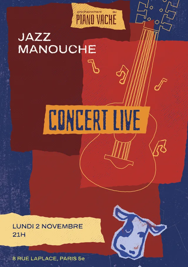 Affiche du concert de jazz manouche du lundi 2 novembre, à 21h, au Piano Vache, 8 rue Laplace, Paris 5e.
